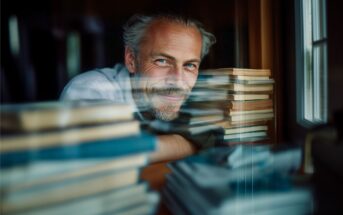 A middle-aged man with gray hair and a beard smiles while sitting behind stacks of books, seen through a reflective window, with soft natural light illuminating his face.