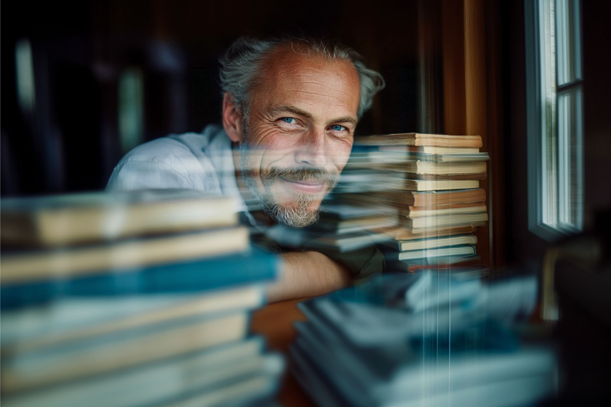 A middle-aged man with gray hair and a beard smiles while sitting behind stacks of books, seen through a reflective window, with soft natural light illuminating his face.
