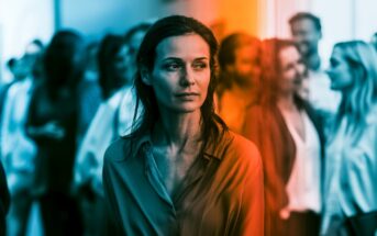A woman in a loose shirt stands in focus amid a blurred crowd, with an orange and teal light effect dividing the image. She looks calmly to the side, appearing thoughtful or distant.