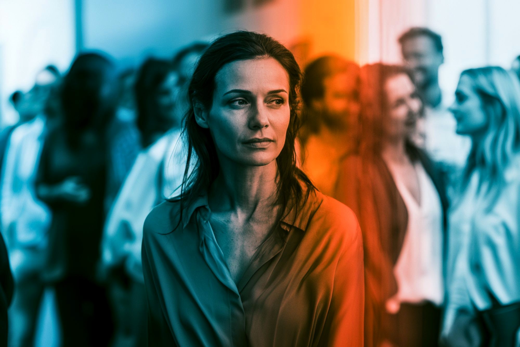 A woman in a loose shirt stands in focus amid a blurred crowd, with an orange and teal light effect dividing the image. She looks calmly to the side, appearing thoughtful or distant.
