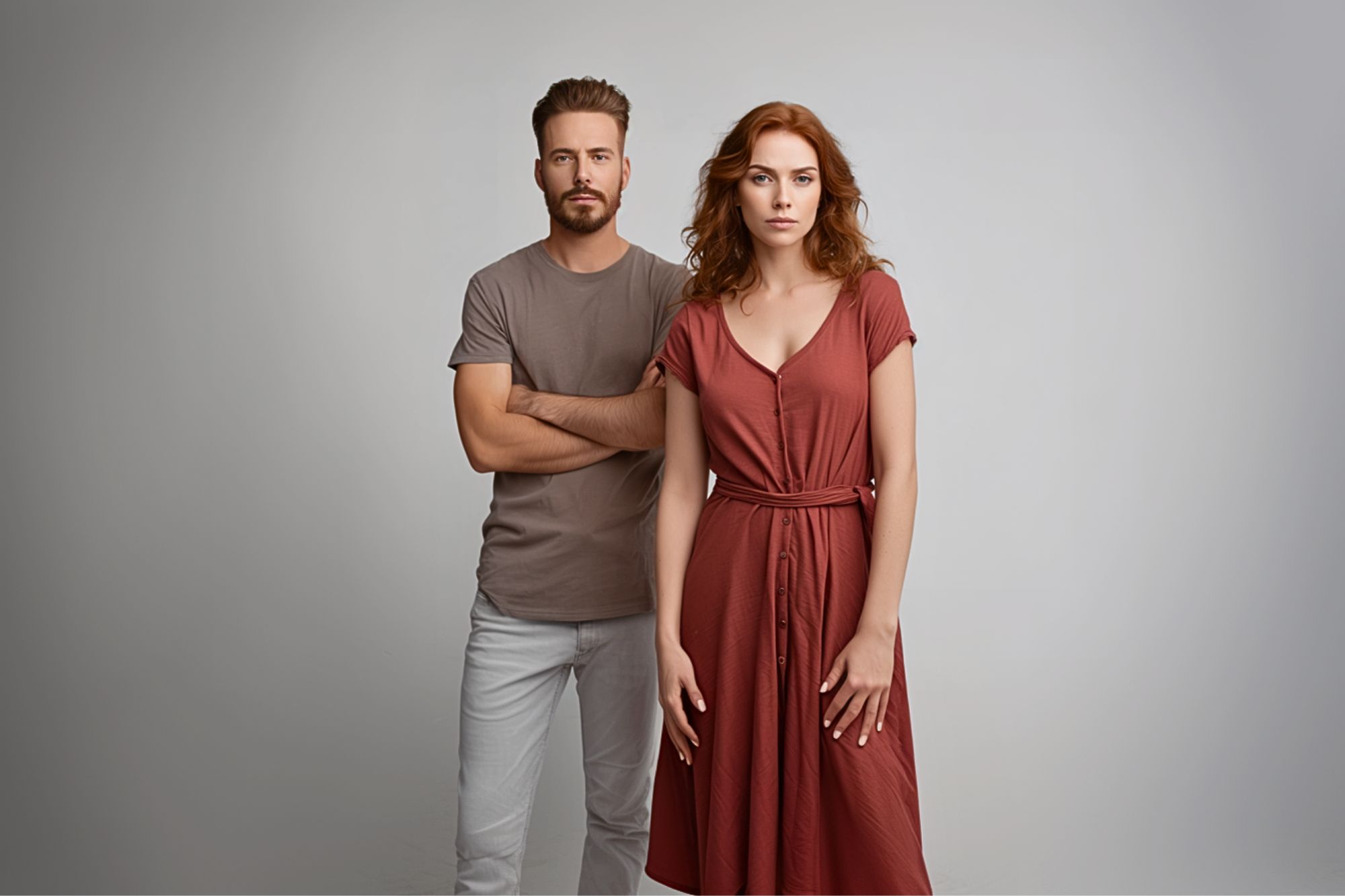 A man in a taupe t-shirt and light pants stands with arms crossed next to a woman in a rust-colored dress, both looking at the camera against a plain light background.