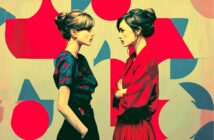 Two women stand face-to-face against a bold, abstract background of red and blue geometric shapes. Both have brown hair in buns, one wears a black dress with patterns, the other a red dress with arms crossed.