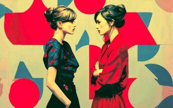 Two women stand face-to-face against a bold, abstract background of red and blue geometric shapes. Both have brown hair in buns, one wears a black dress with patterns, the other a red dress with arms crossed.