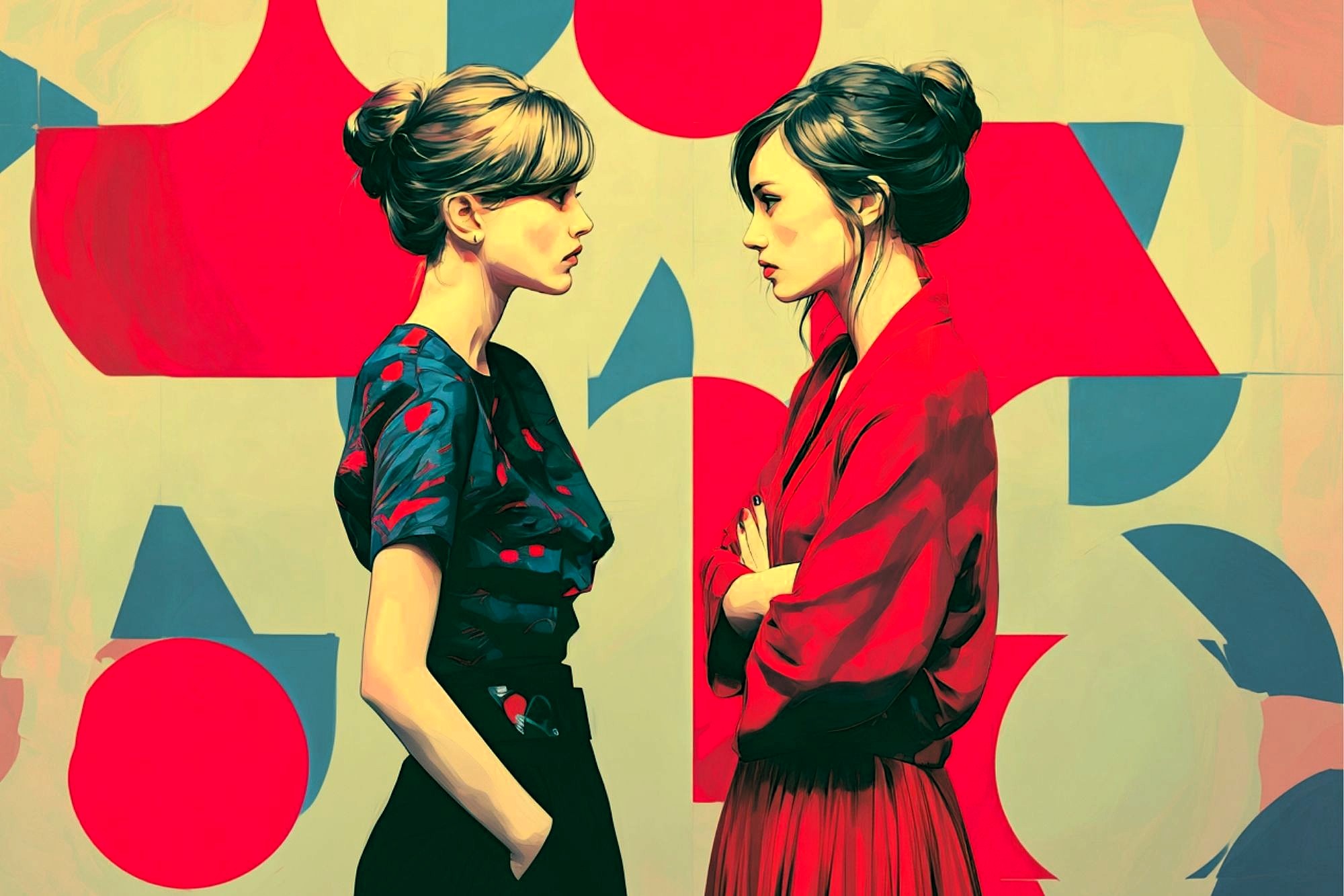 Two women stand face-to-face against a bold, abstract background of red and blue geometric shapes. Both have brown hair in buns, one wears a black dress with patterns, the other a red dress with arms crossed.