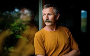 A middle-aged man with a mustache, wearing a mustard yellow shirt, sits indoors near a window, looking thoughtfully outside. Green plants and a soft reflection appear on the glass beside him.