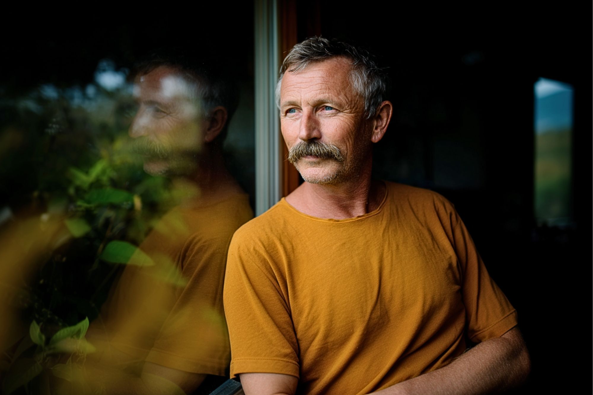 A middle-aged man with a mustache, wearing a mustard yellow shirt, sits indoors near a window, looking thoughtfully outside. Green plants and a soft reflection appear on the glass beside him.