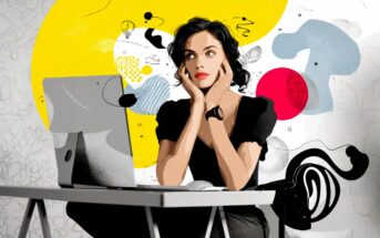 A woman sits at a desk with a desktop computer, resting her chin on her hands, appearing thoughtful. The background is abstract with bold yellow, red, and black shapes and doodles.