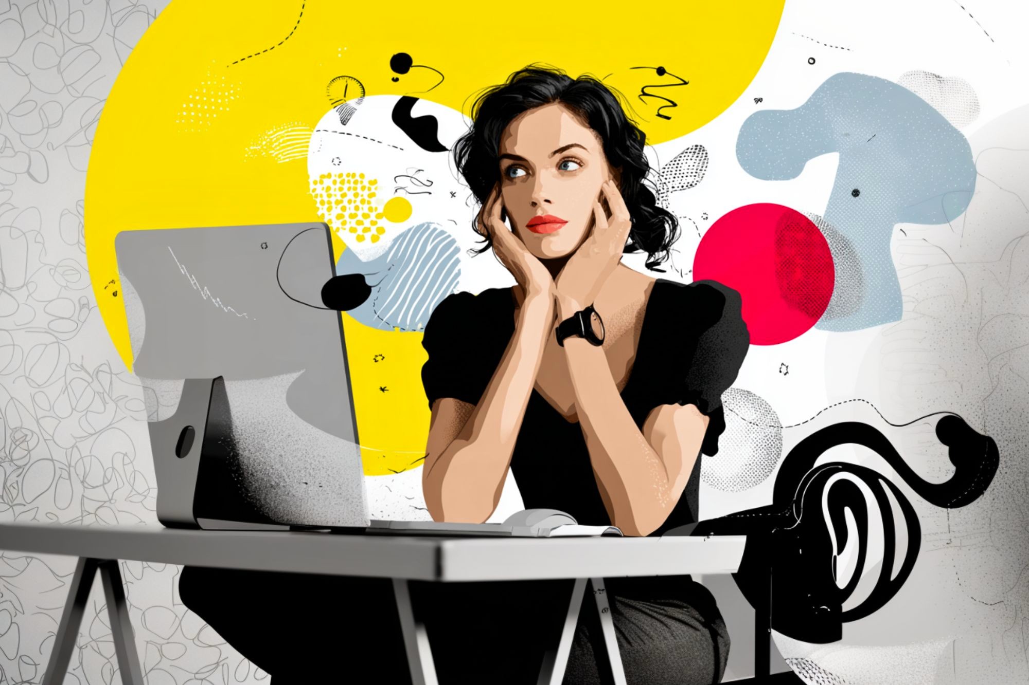 A woman sits at a desk with a desktop computer, resting her chin on her hands, appearing thoughtful. The background is abstract with bold yellow, red, and black shapes and doodles.
