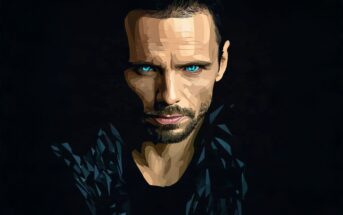 Digital portrait of a man with intense, glowing blue eyes set against a black background.