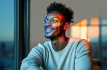 A man with short curly hair smiles while looking out a window. Warm sunset light fills the room, and colorful geometric patterns are overlaid on his face, blending art with reality.