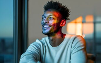 A man with short curly hair smiles while looking out a window. Warm sunset light fills the room, and colorful geometric patterns are overlaid on his face, blending art with reality.