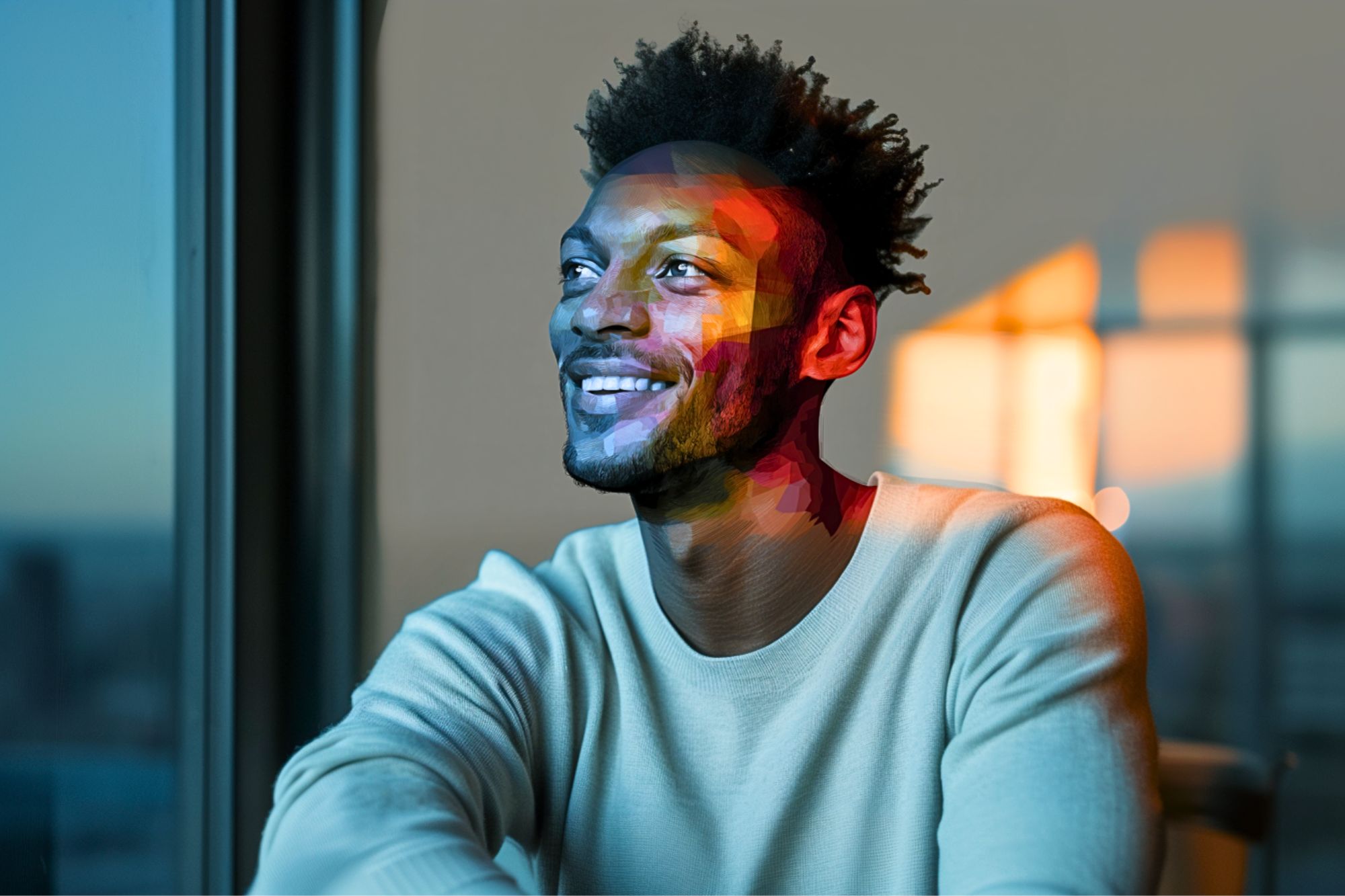 A man with short curly hair smiles while looking out a window. Warm sunset light fills the room, and colorful geometric patterns are overlaid on his face, blending art with reality.