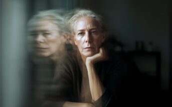 An older woman with short gray hair rests her chin on her hand, staring seriously forward, with a blurred double exposure effect showing her face in profile beside her.