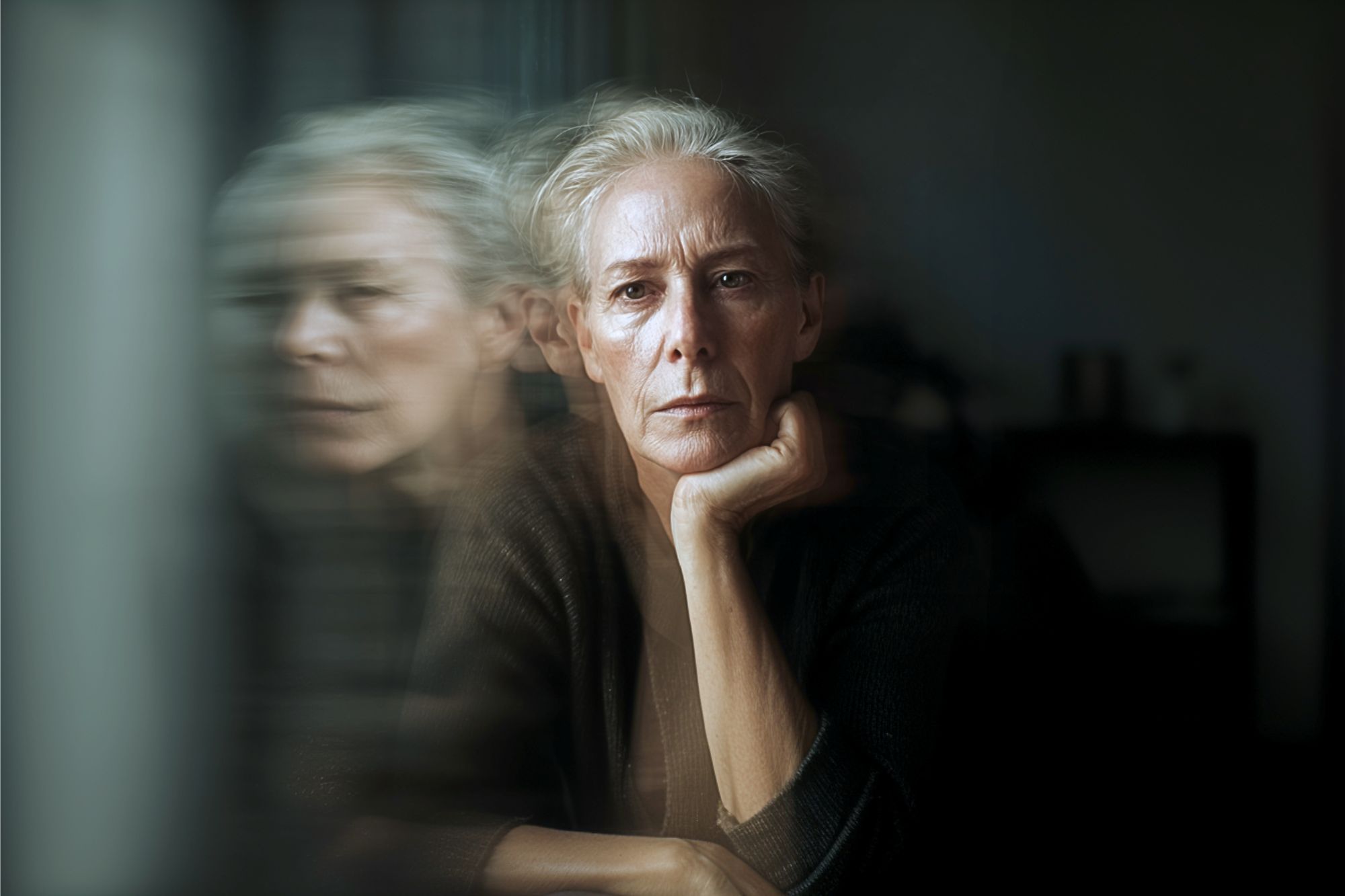 An older woman with short gray hair rests her chin on her hand, staring seriously forward, with a blurred double exposure effect showing her face in profile beside her.