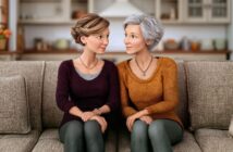 Two women with an age difference sitting on a couch, looking at each other and smiling.