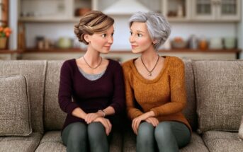 Two women with an age difference sitting on a couch, looking at each other and smiling.