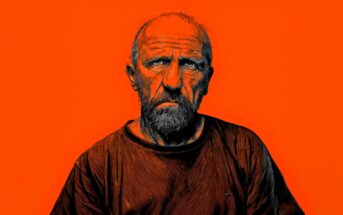 A digital illustration of an older man with a beard and serious expression, wearing a dark shirt, set against a solid bright orange background.