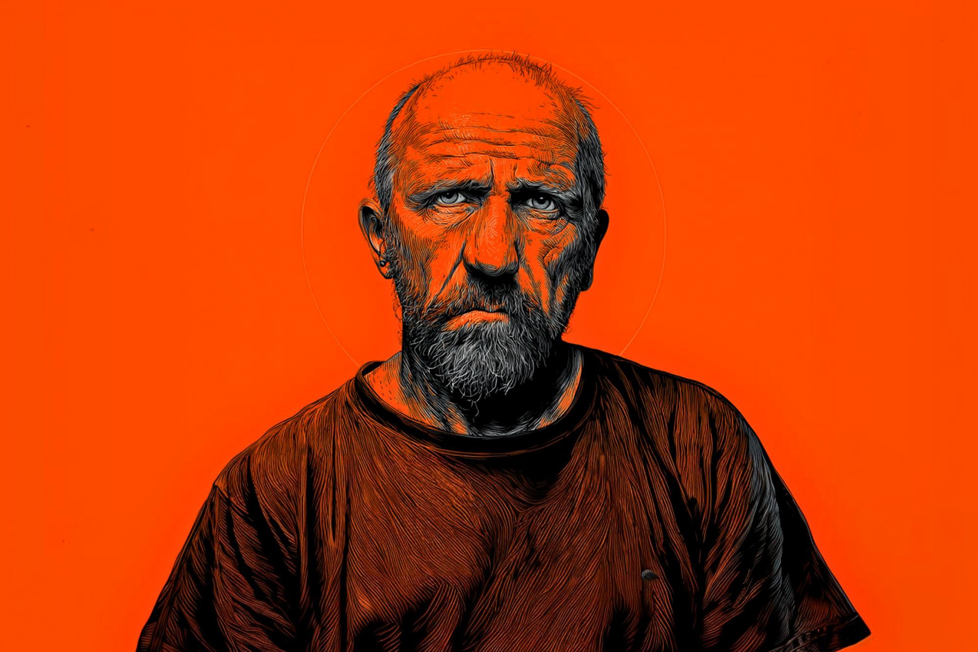 A digital illustration of an older man with a beard and serious expression, wearing a dark shirt, set against a solid bright orange background.