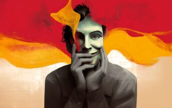 A person with curly hair smiles while holding their face. Bright yellow and red swirls surround their head, blending into the abstract background. The image has a surreal, painterly style.