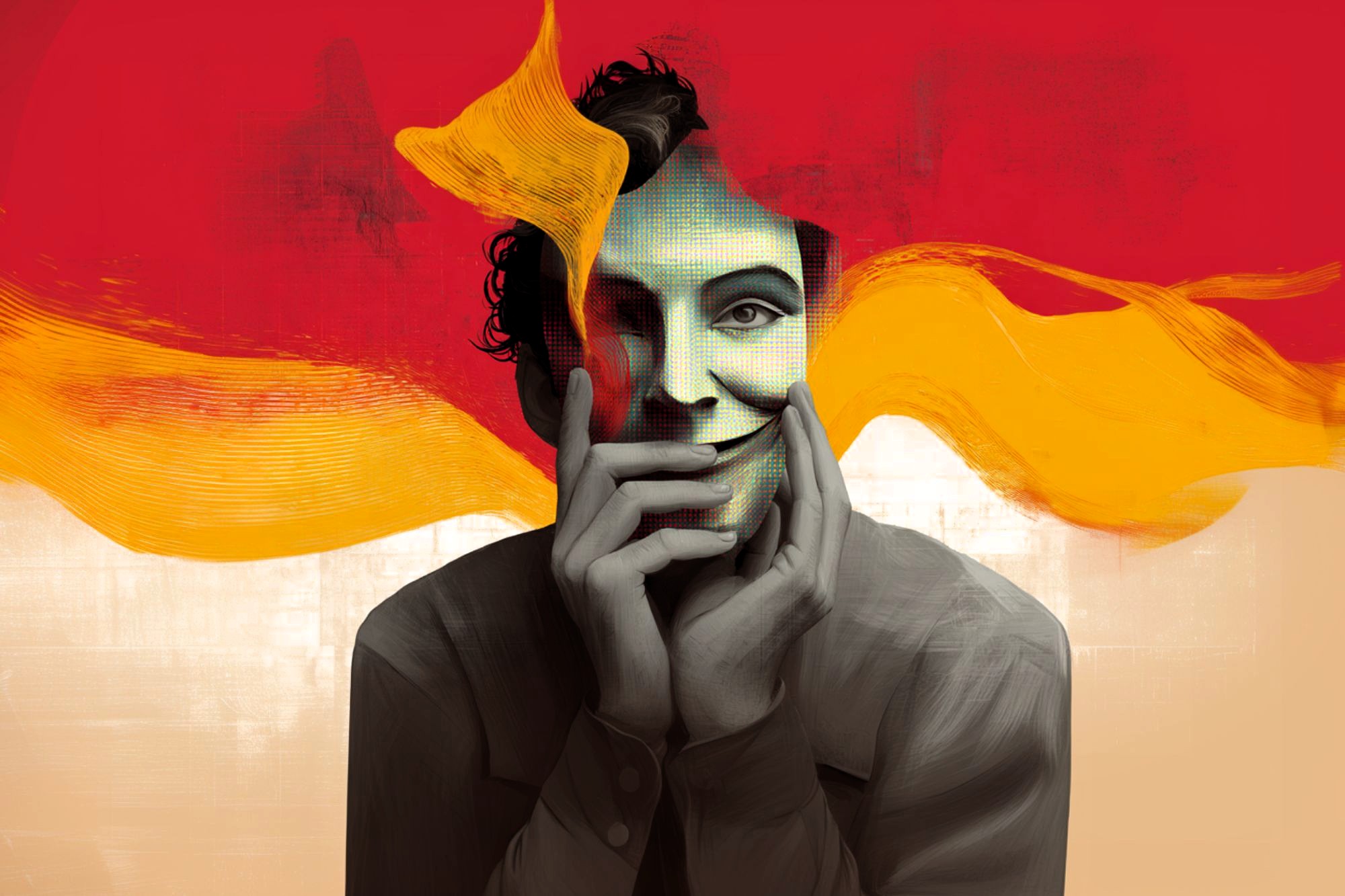 A person with curly hair smiles while holding their face. Bright yellow and red swirls surround their head, blending into the abstract background. The image has a surreal, painterly style.