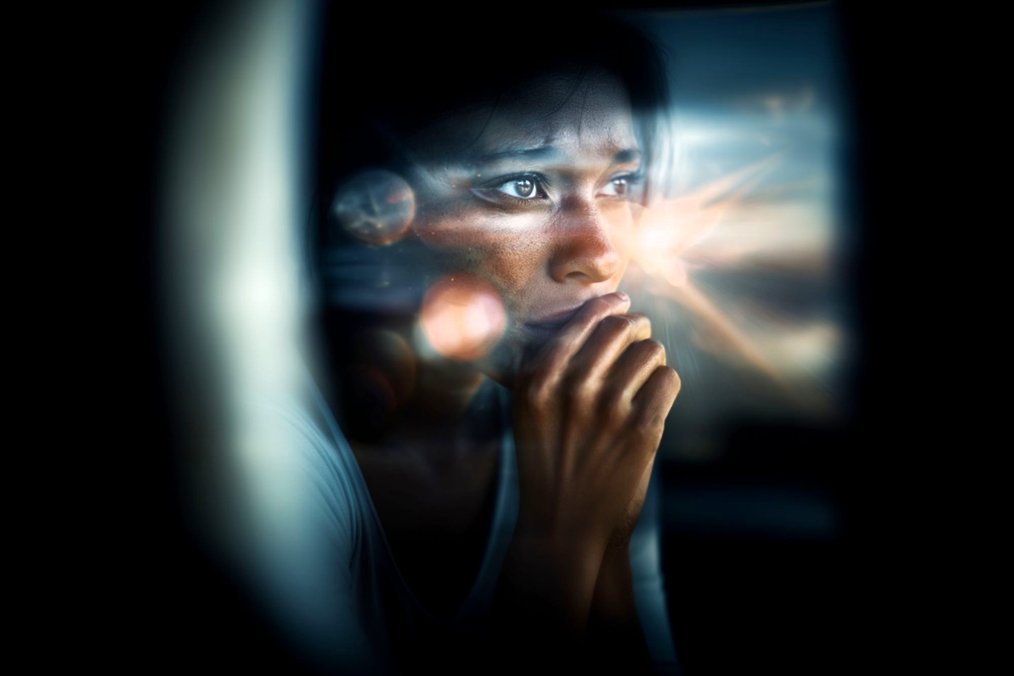 A person with a thoughtful, worried expression looks out a window, resting their hand near their mouth. Light flares and reflections create a dreamy, introspective mood.