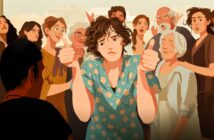 A person in a blue floral dress stands with both thumbs up and a confused expression, surrounded by a group of people displaying various emotional reactions.