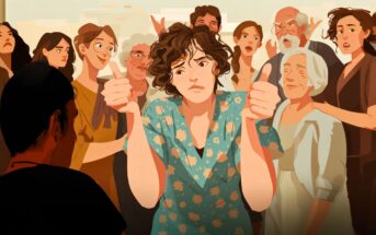 A person in a blue floral dress stands with both thumbs up and a confused expression, surrounded by a group of people displaying various emotional reactions.
