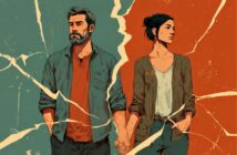 A man and woman stand holding hands, separated by a jagged crack dividing the image into teal and orange halves, symbolizing conflict or separation in their relationship.
