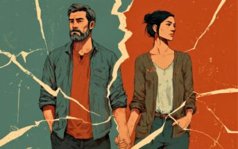 A man and woman stand holding hands, separated by a jagged crack dividing the image into teal and orange halves, symbolizing conflict or separation in their relationship.