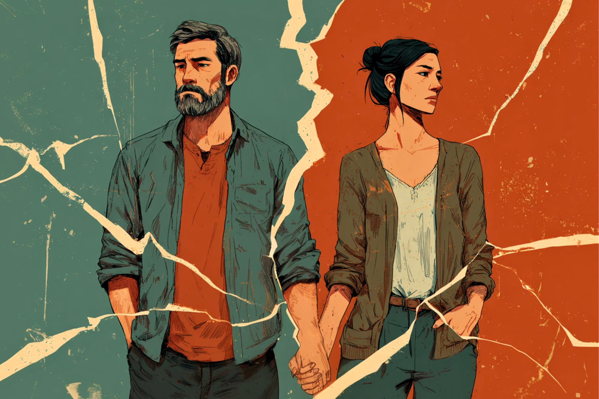 A man and woman stand holding hands, separated by a jagged crack dividing the image into teal and orange halves, symbolizing conflict or separation in their relationship.