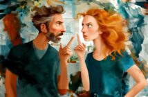 A man and a woman with intense expressions argue, pointing fingers at each other, against a colorful abstract background.