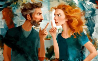 A man and a woman with intense expressions argue, pointing fingers at each other, against a colorful abstract background.