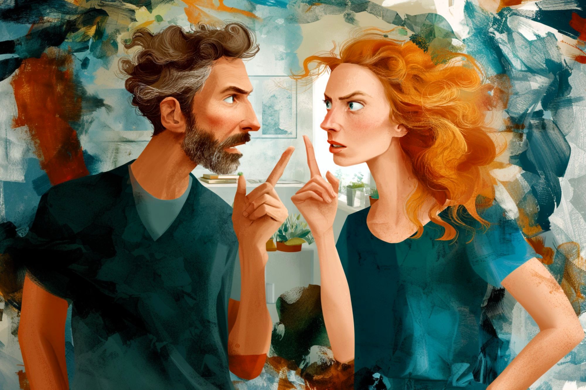 A man and a woman with intense expressions argue, pointing fingers at each other, against a colorful abstract background.