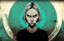 A digital illustration of a person with short, light hair, wearing a black shirt, staring intensely with a furrowed brow against a textured, teal and cream circular background.