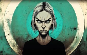 A digital illustration of a person with short, light hair, wearing a black shirt, staring intensely with a furrowed brow against a textured, teal and cream circular background.