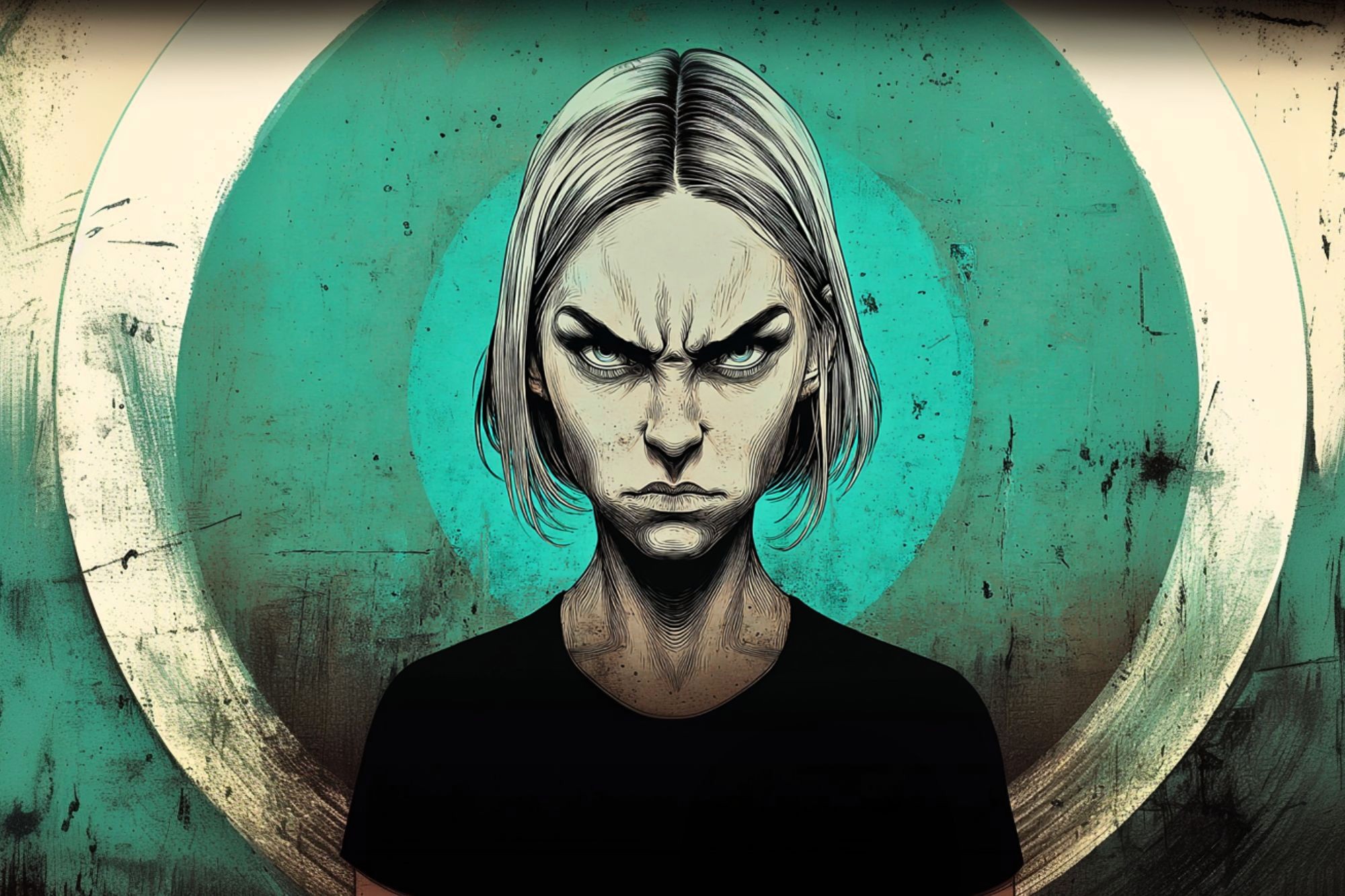 A digital illustration of a person with short, light hair, wearing a black shirt, staring intensely with a furrowed brow against a textured, teal and cream circular background.