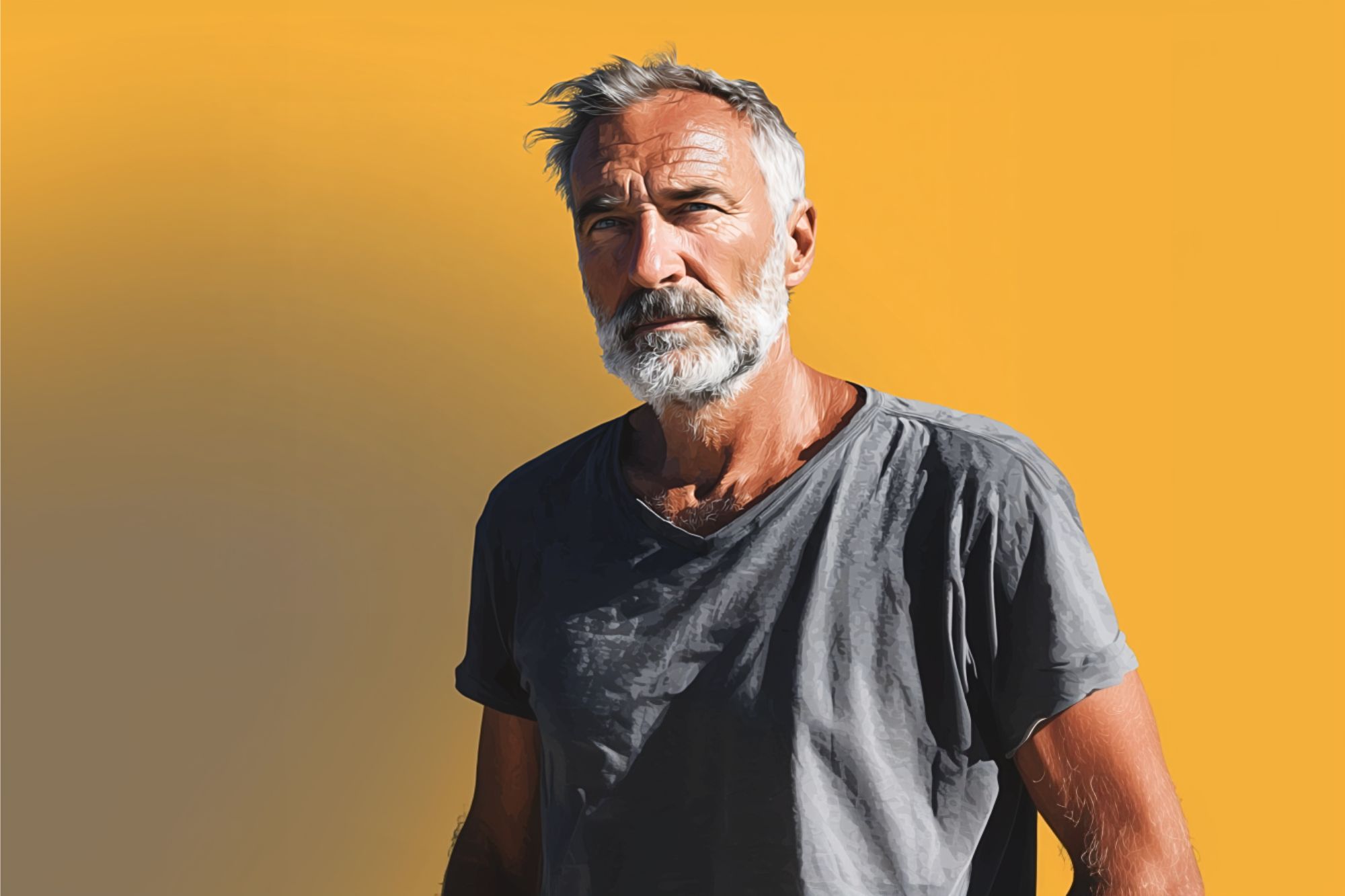 An older man with gray hair and a beard stands against a bright yellow background, wearing a wrinkled gray t-shirt and looking thoughtfully at the camera.