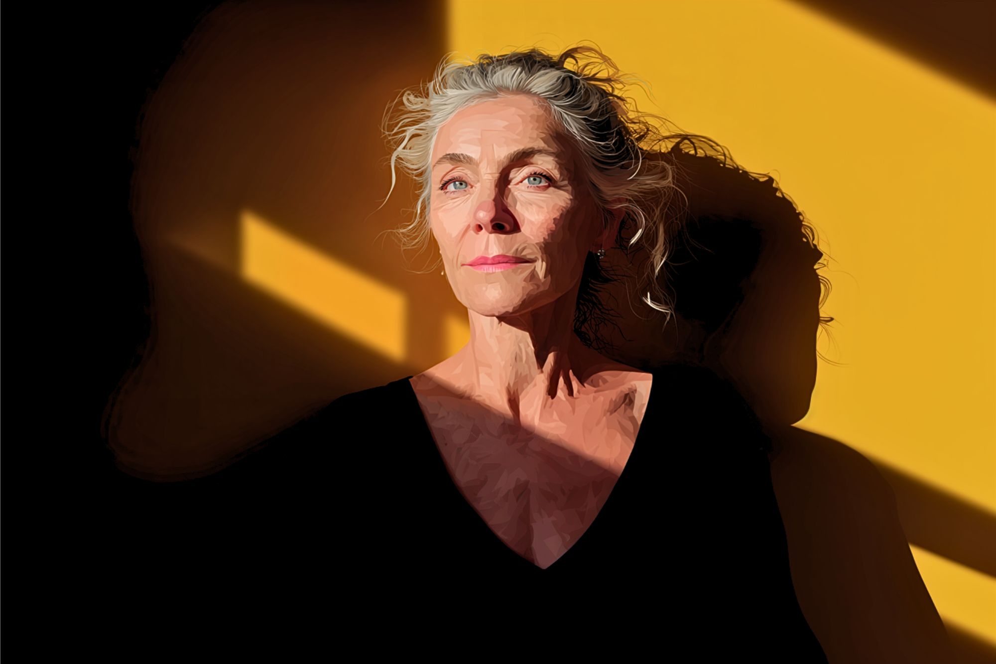 An older woman with gray hair stands against a yellow wall with sunlight and shadow patterns. She wears a black top and looks thoughtful, gazing slightly upward.