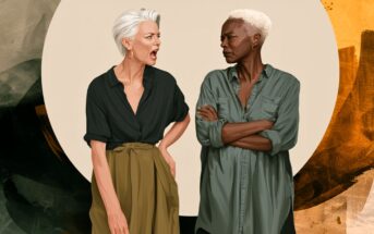 An older person with white hair yells at another older person with short light hair, who stands with arms crossed, looking displeased. Both wear casual shirts, standing in front of an abstract background.