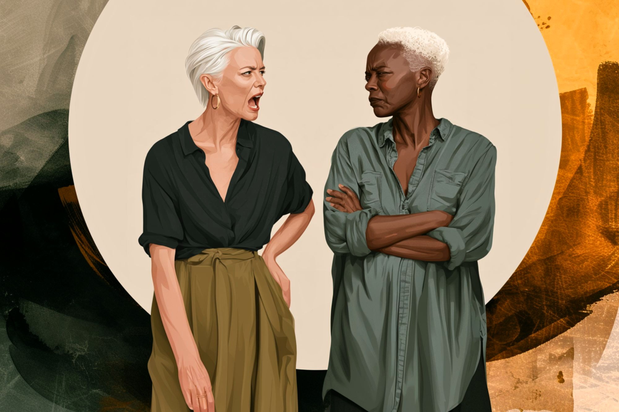 An older person with white hair yells at another older person with short light hair, who stands with arms crossed, looking displeased. Both wear casual shirts, standing in front of an abstract background.