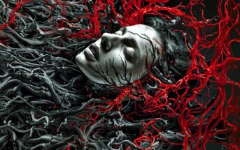 A person with pale skin appears entangled in dark, root-like tendrils and surrounded by vibrant, twisting red veins, creating a surreal and haunting visual effect.