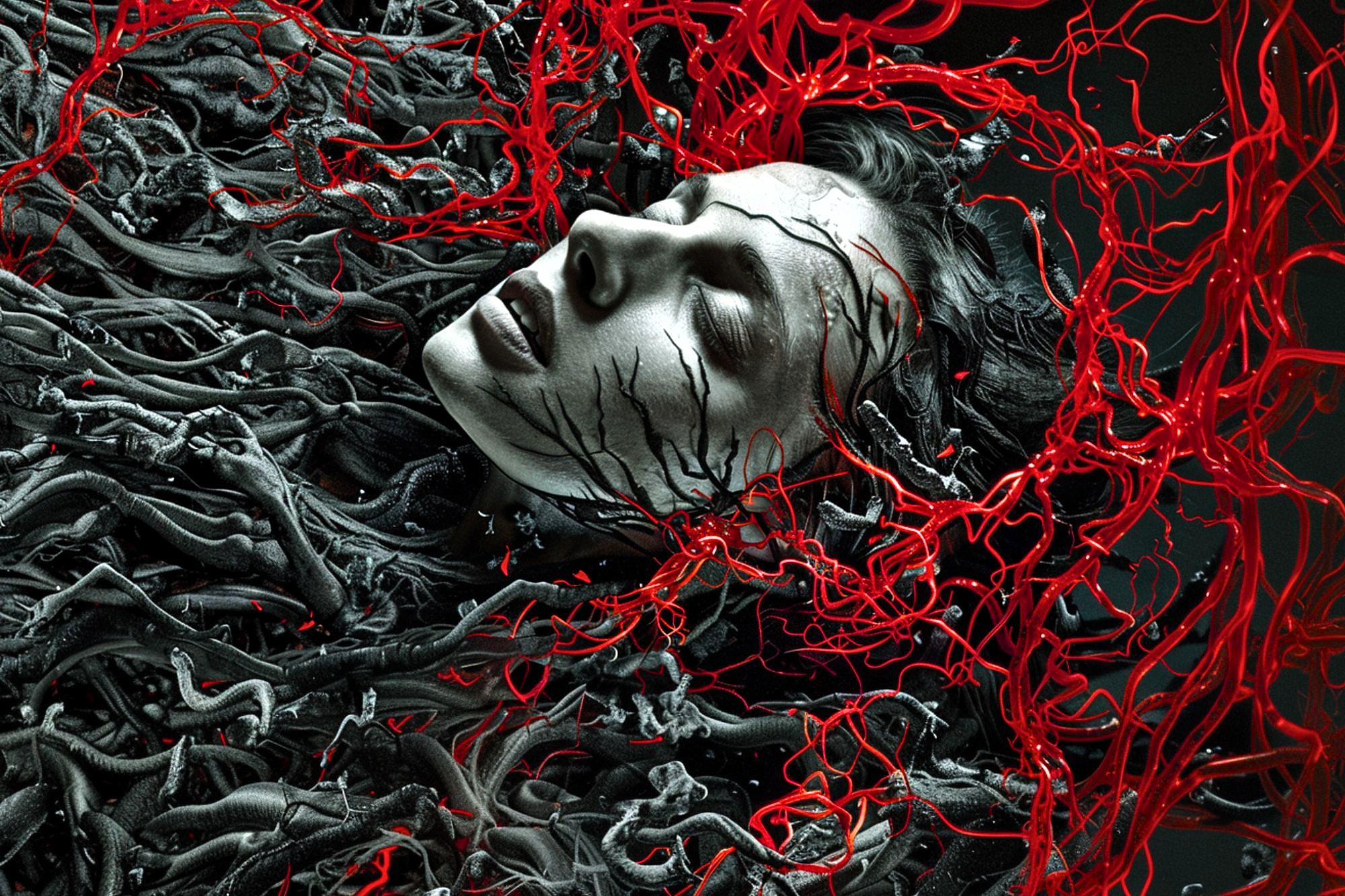 A person with pale skin appears entangled in dark, root-like tendrils and surrounded by vibrant, twisting red veins, creating a surreal and haunting visual effect.
