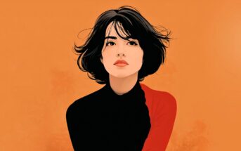 Illustration of a woman with short dark hair, wearing a black top with a red sleeve, set against an orange background. She looks slightly upward with a neutral expression.