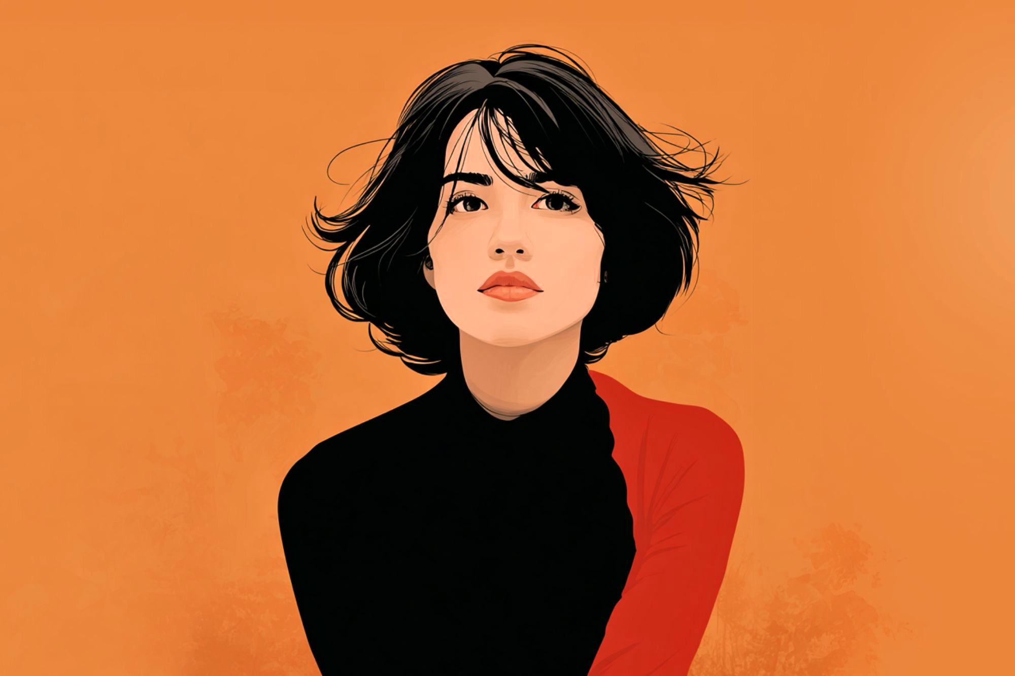 Illustration of a woman with short dark hair, wearing a black top with a red sleeve, set against an orange background. She looks slightly upward with a neutral expression.