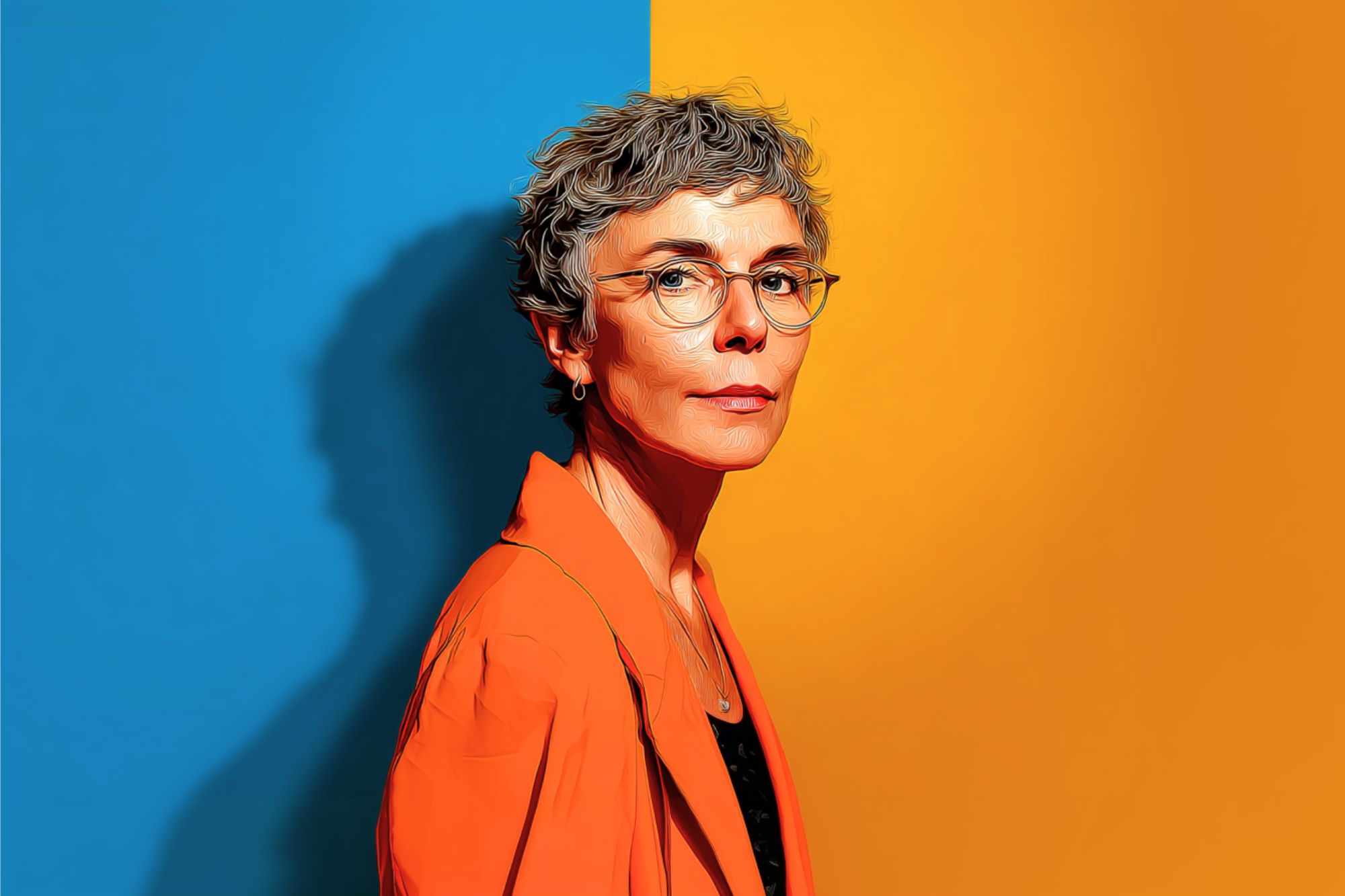 A woman with short gray hair and glasses stands against a split blue and yellow background, wearing an orange blazer and looking confidently at the camera.