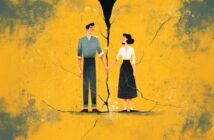 Illustration of a man and woman holding hands while standing on a cracked, yellow surface with a large fissure between them, symbolizing a strained or breaking relationship.