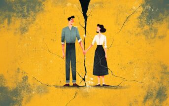 Illustration of a man and woman holding hands while standing on a cracked, yellow surface with a large fissure between them, symbolizing a strained or breaking relationship.