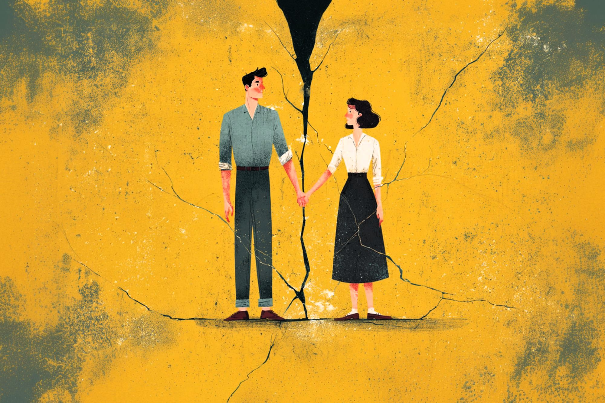 Illustration of a man and woman holding hands while standing on a cracked, yellow surface with a large fissure between them, symbolizing a strained or breaking relationship.