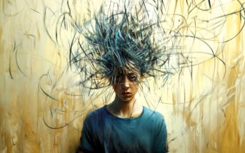 A person in a blue shirt stands against a beige wall, with chaotic, dark scribbles emanating from their head, symbolizing confusion, stress, or overwhelming thoughts.