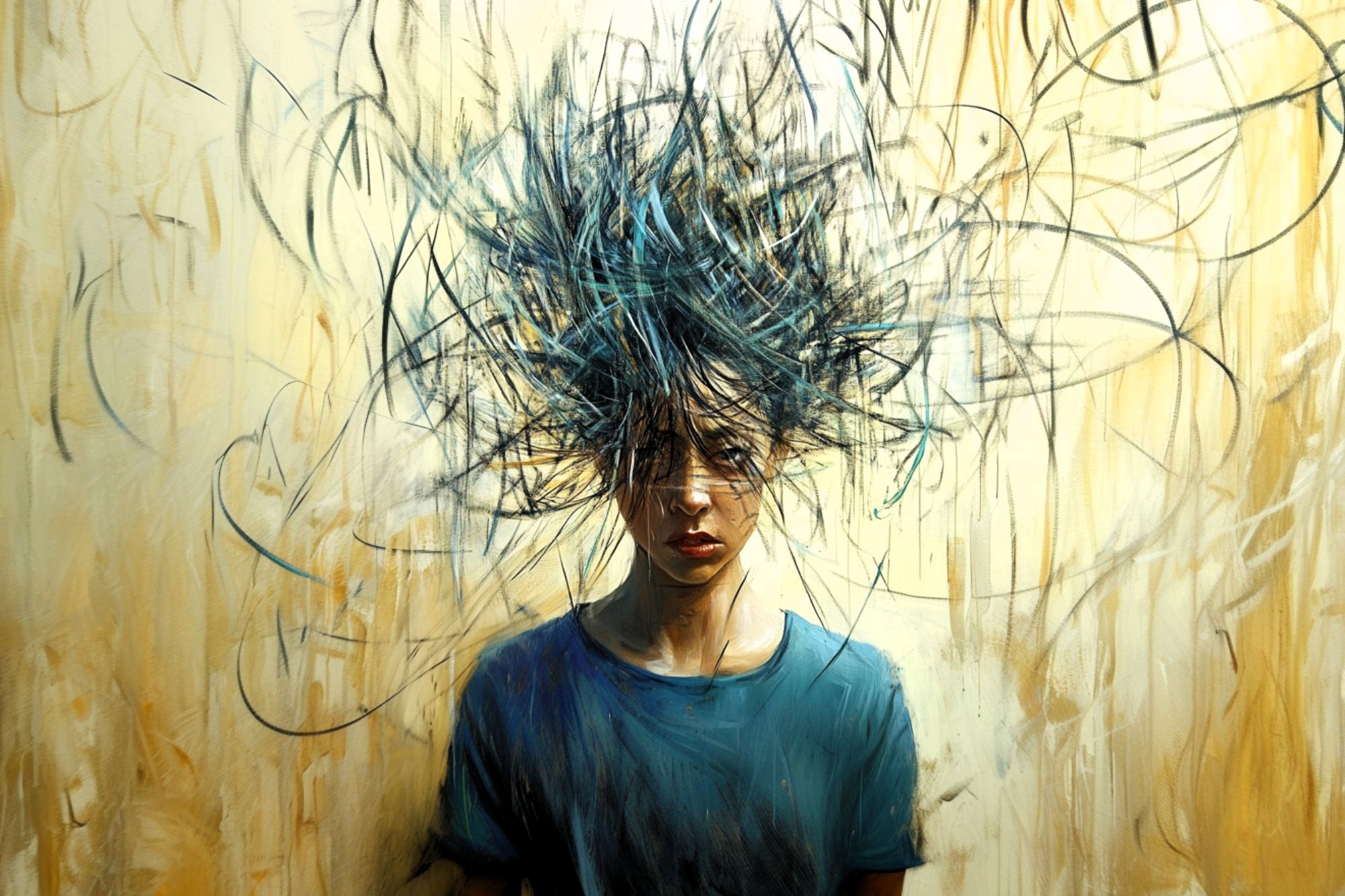 A person in a blue shirt stands against a beige wall, with chaotic, dark scribbles emanating from their head, symbolizing confusion, stress, or overwhelming thoughts.